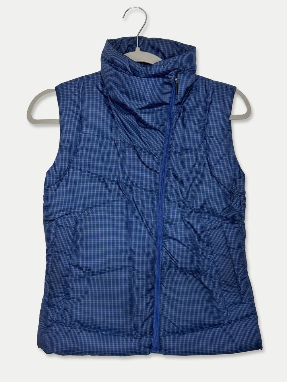 NAU Women’s XXS Goose Down Puffer Vest Blue Micro Check Recycled Outdoor